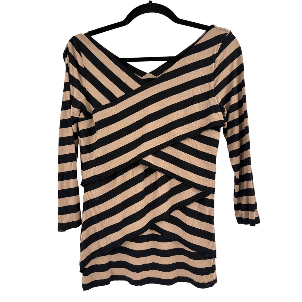 2/$30 VINCE CAMUTO Top Size S Stretch Black Tan Stripe Asymmetrical Blouse